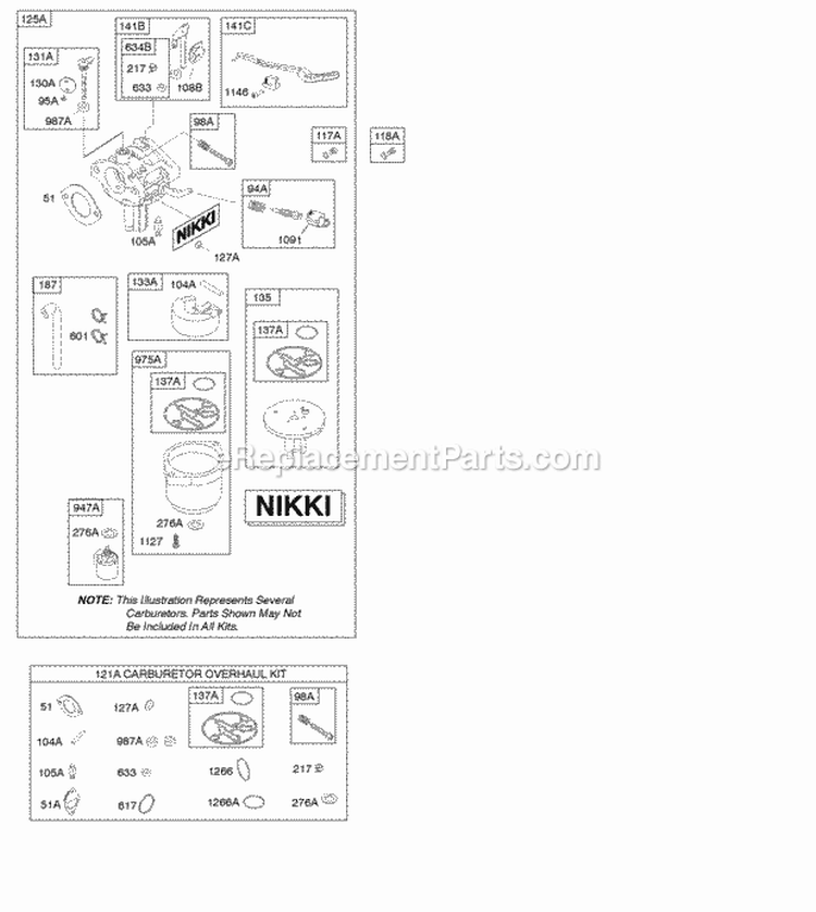 Kit - Nikki Carburetor Overhaul Nikki Carburetor Diagram and Parts List for 31A707-0335-B1  Briggs and Stratton Engine